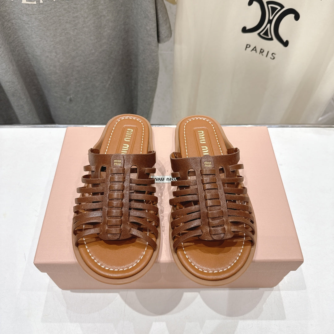 Miumiu 26ss Flat Slippers Woven Calfskin 713096