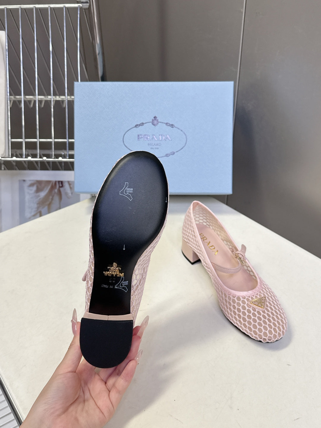 Prada 2026 Low Heel Ballet Flat 35mm Mesh Leather 717400