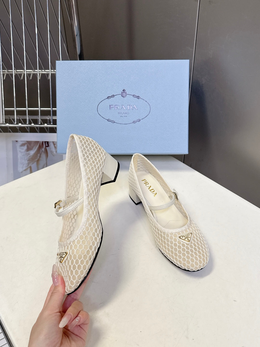 Prada 2026 Low Heel Ballet Flat 35mm Mesh Leather 717400