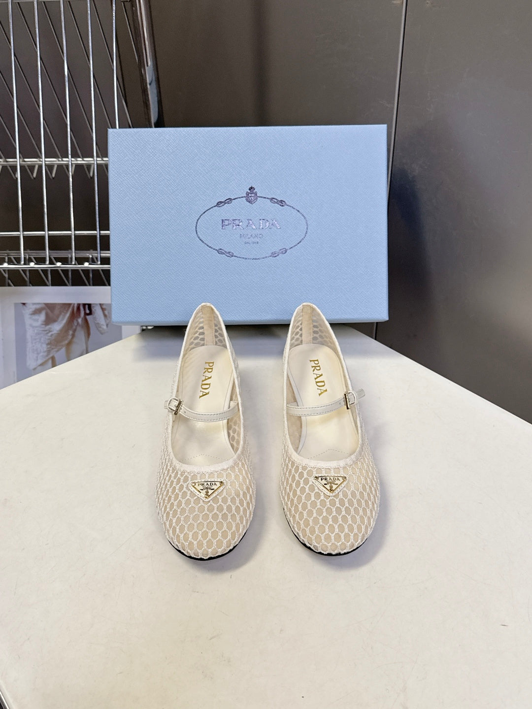 Prada 2026 Low Heel Ballet Flat 35mm Mesh Leather 717400