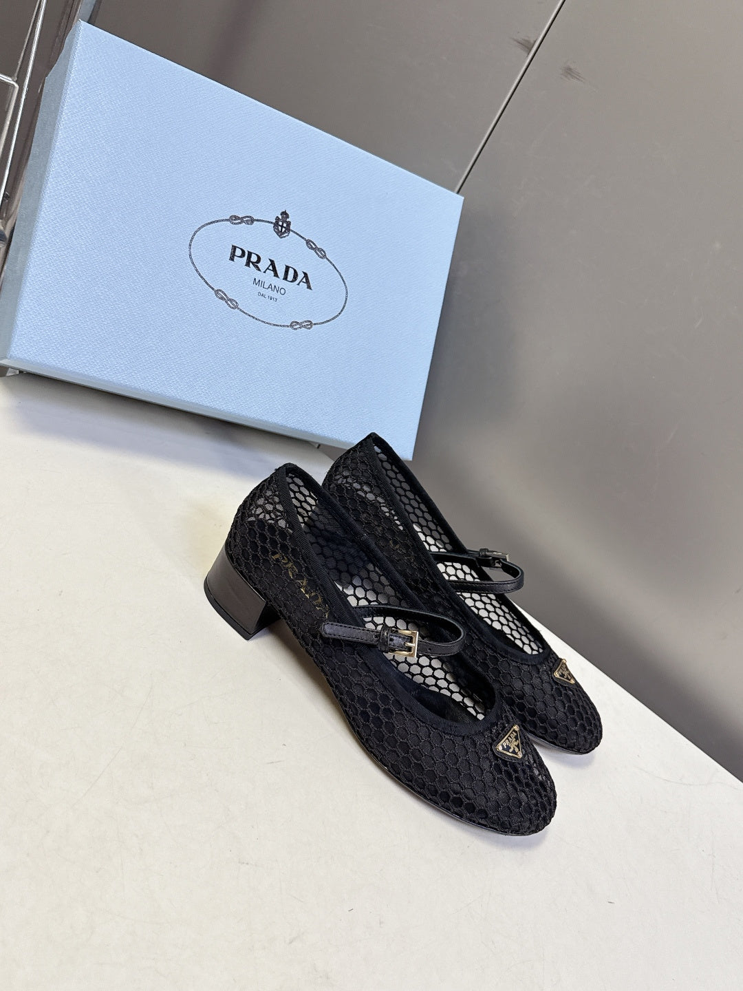 Prada 2026 Low Heel Ballet Flat 35mm Mesh Leather 717400