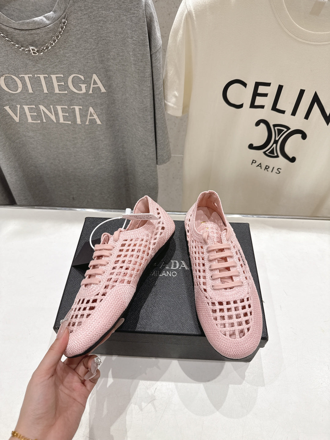 Prada 2026 Women's Collapse Crochet Laced Sneakers Sheepskin 770902