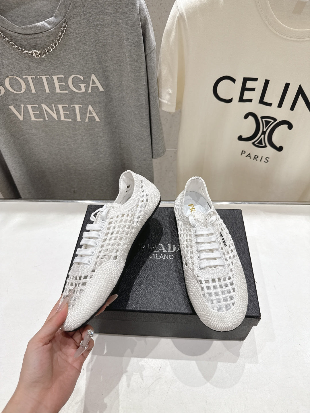 Prada 2026 Women's Collapse Crochet Laced Sneakers Sheepskin 770902