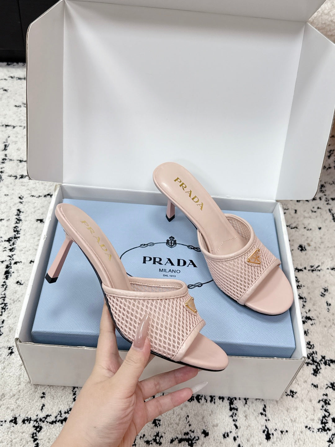 Prada 2026 Triangle Logo High-Heeled Slides 75mm Mesh Leather 769832