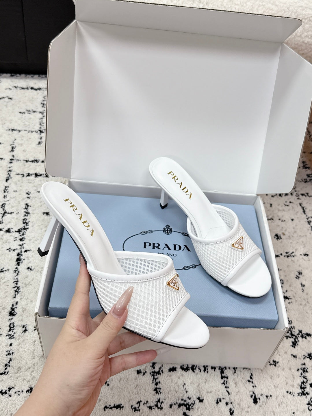 Prada 2026 Triangle Logo High-Heeled Slides 75mm Mesh Leather 769832