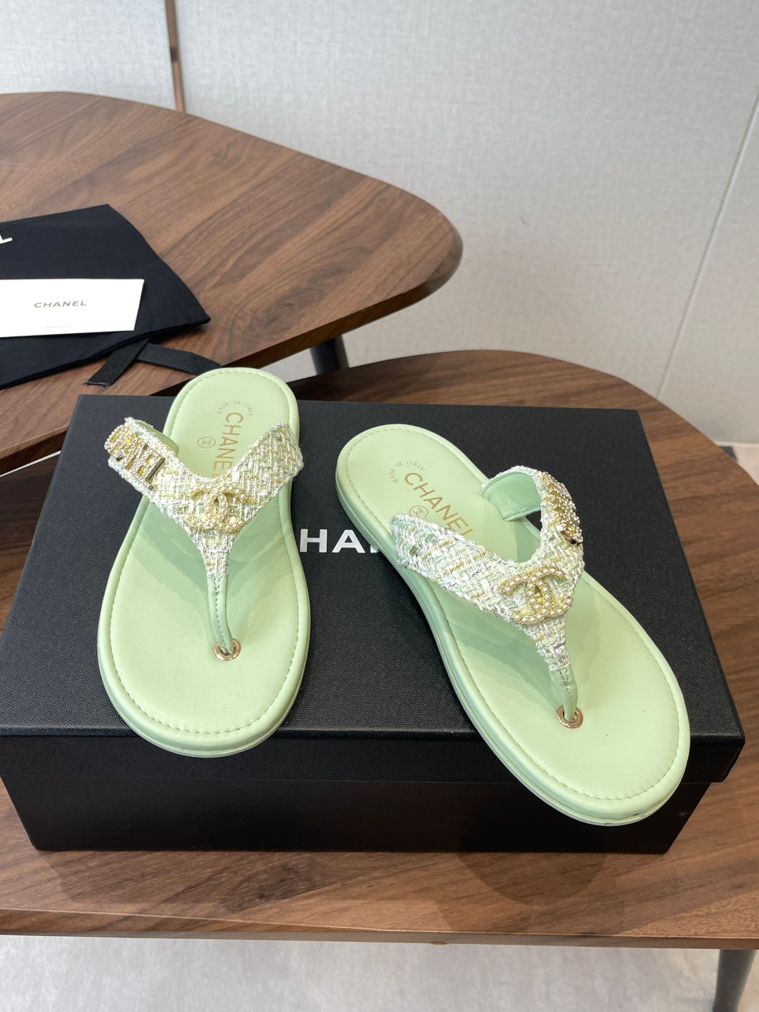 Chanel 2026 Thong Sandal Tweed Gold Logo Details 790366
