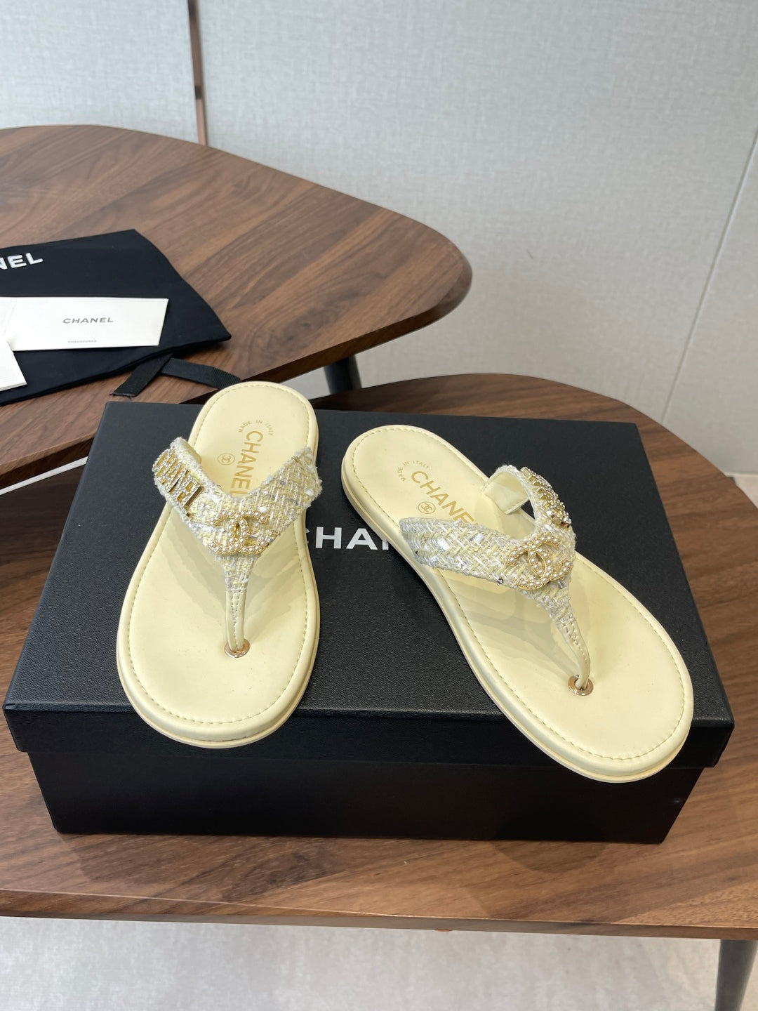 Chanel 2026 Thong Sandal Tweed Gold Logo Details 790366