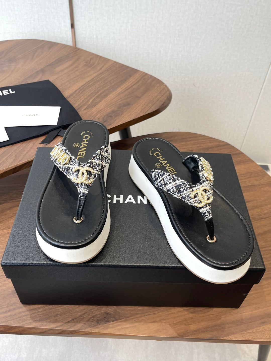 Chanel 2026 Thong Sandal Platform Tweed Gold Logo Details 790372