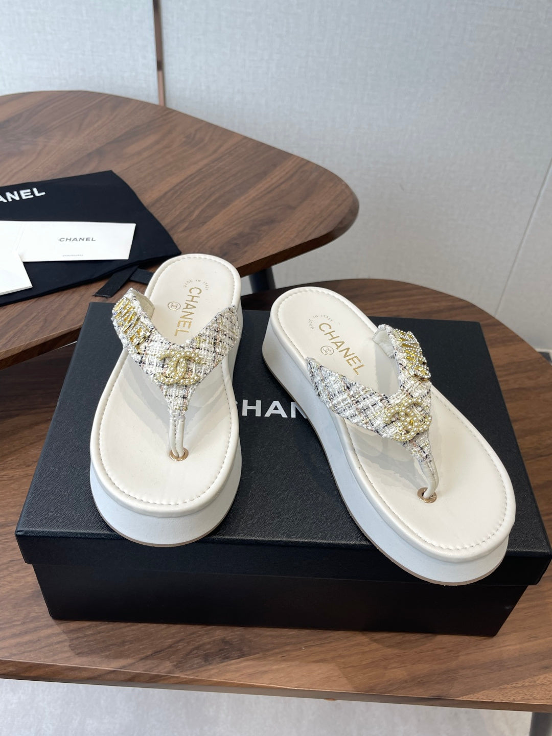 Chanel 2026 Thong Sandal Platform Tweed Gold Logo Details 790372