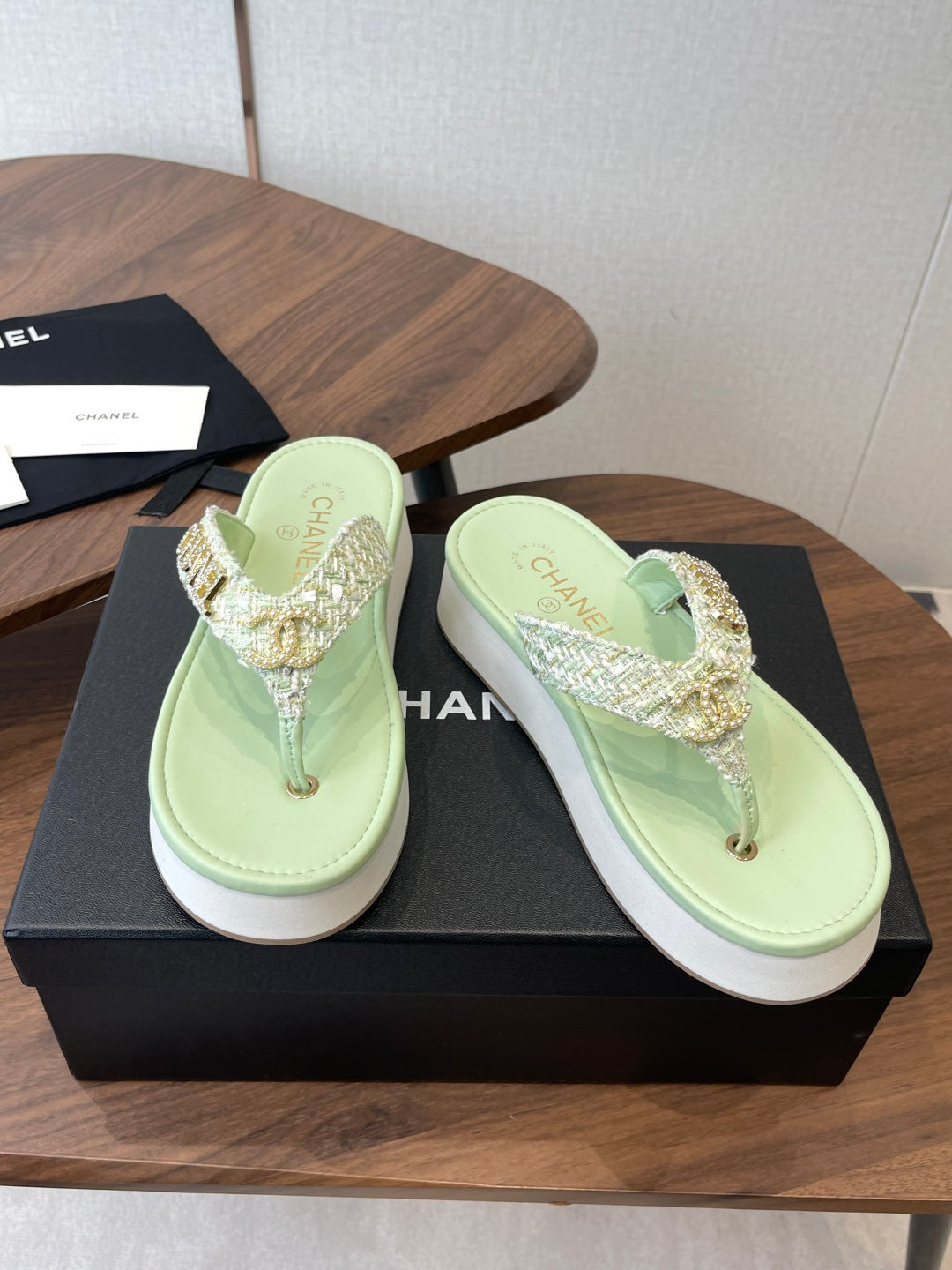 Chanel 2026 Thong Sandal Platform Tweed Gold Logo Details 790372