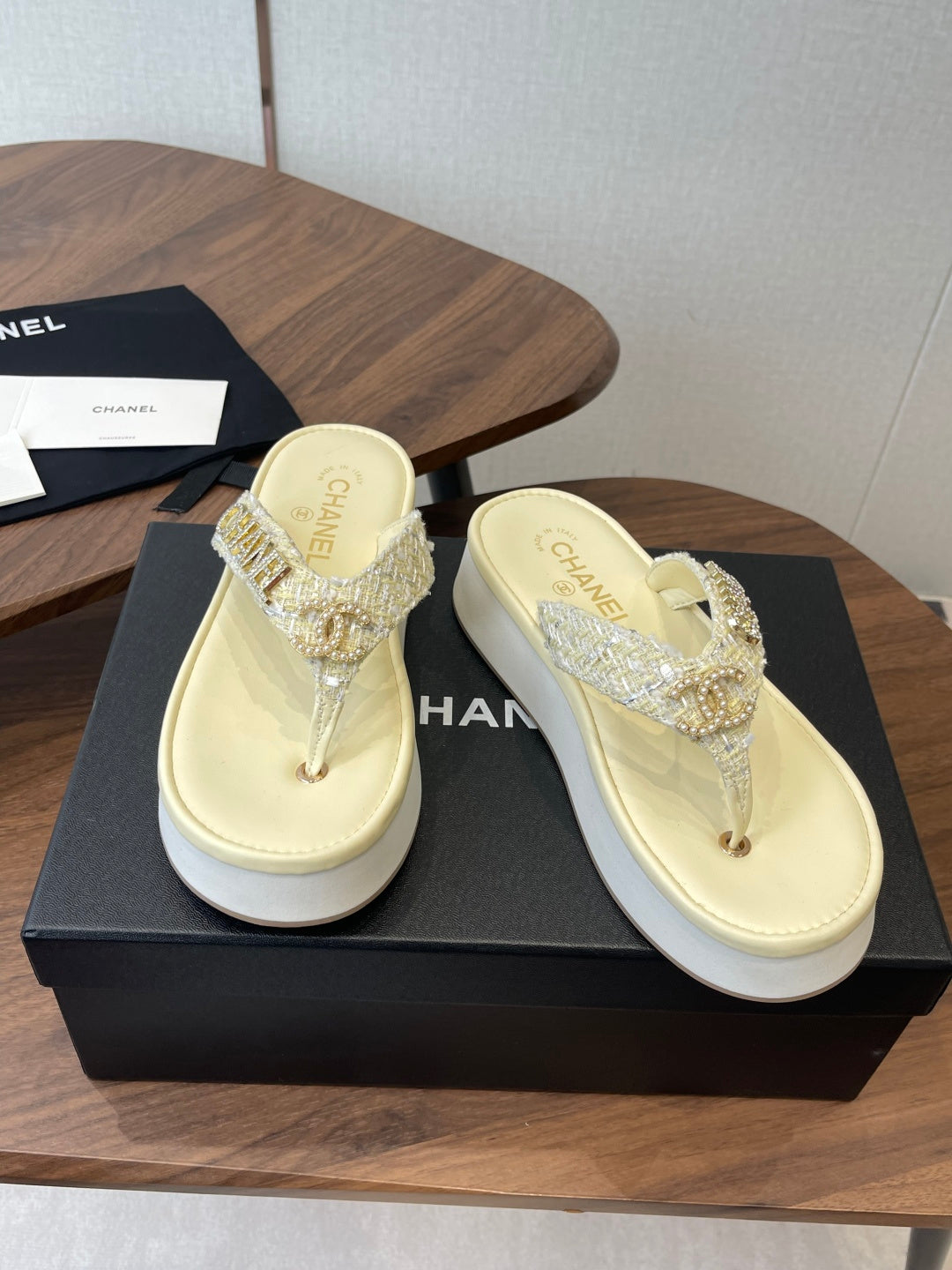 Chanel 2026 Thong Sandal Platform Tweed Gold Logo Details 790372
