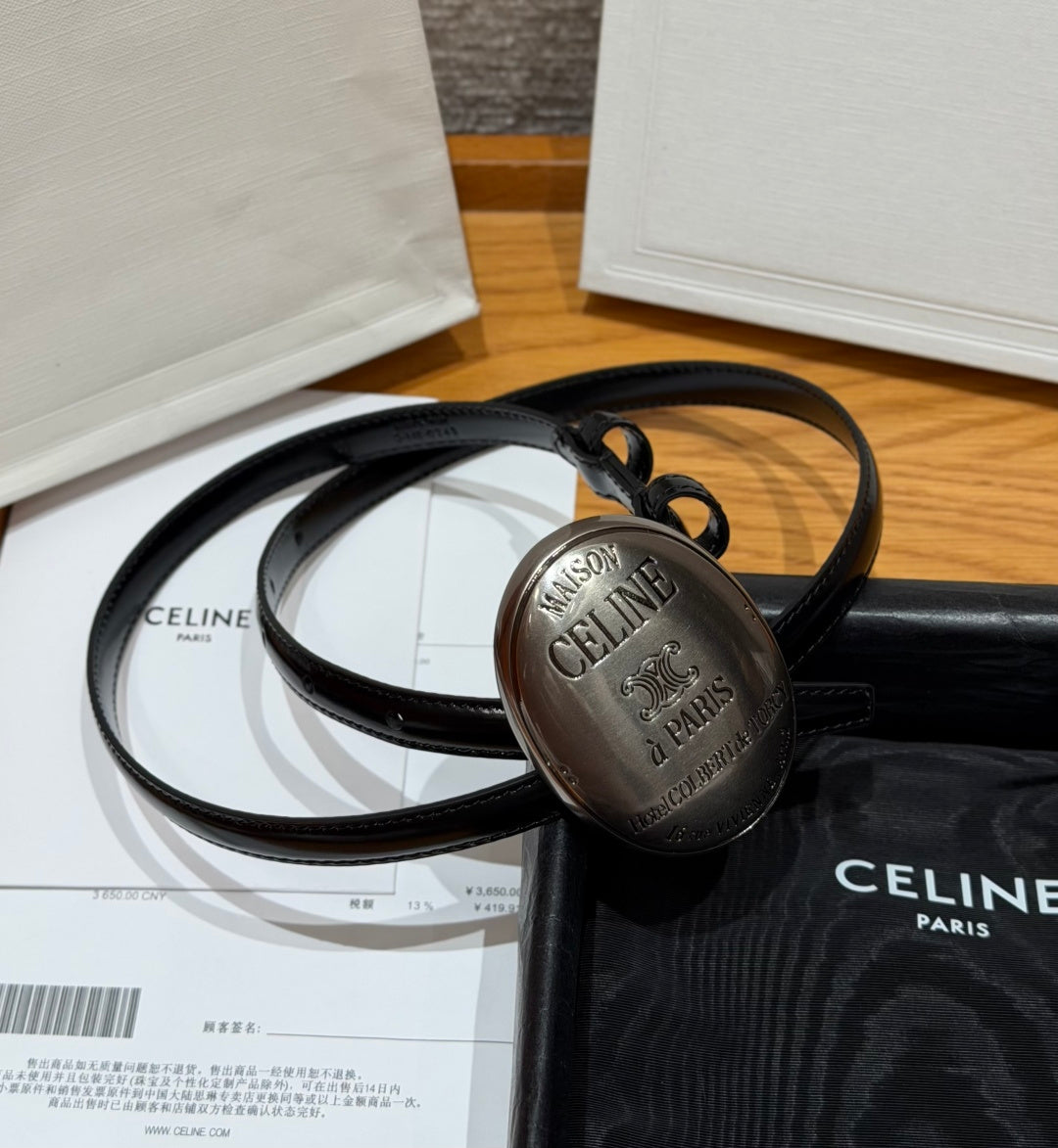 Celine 2026 Maison Belt 1.3cm Silver Buckle Taurillon Leather