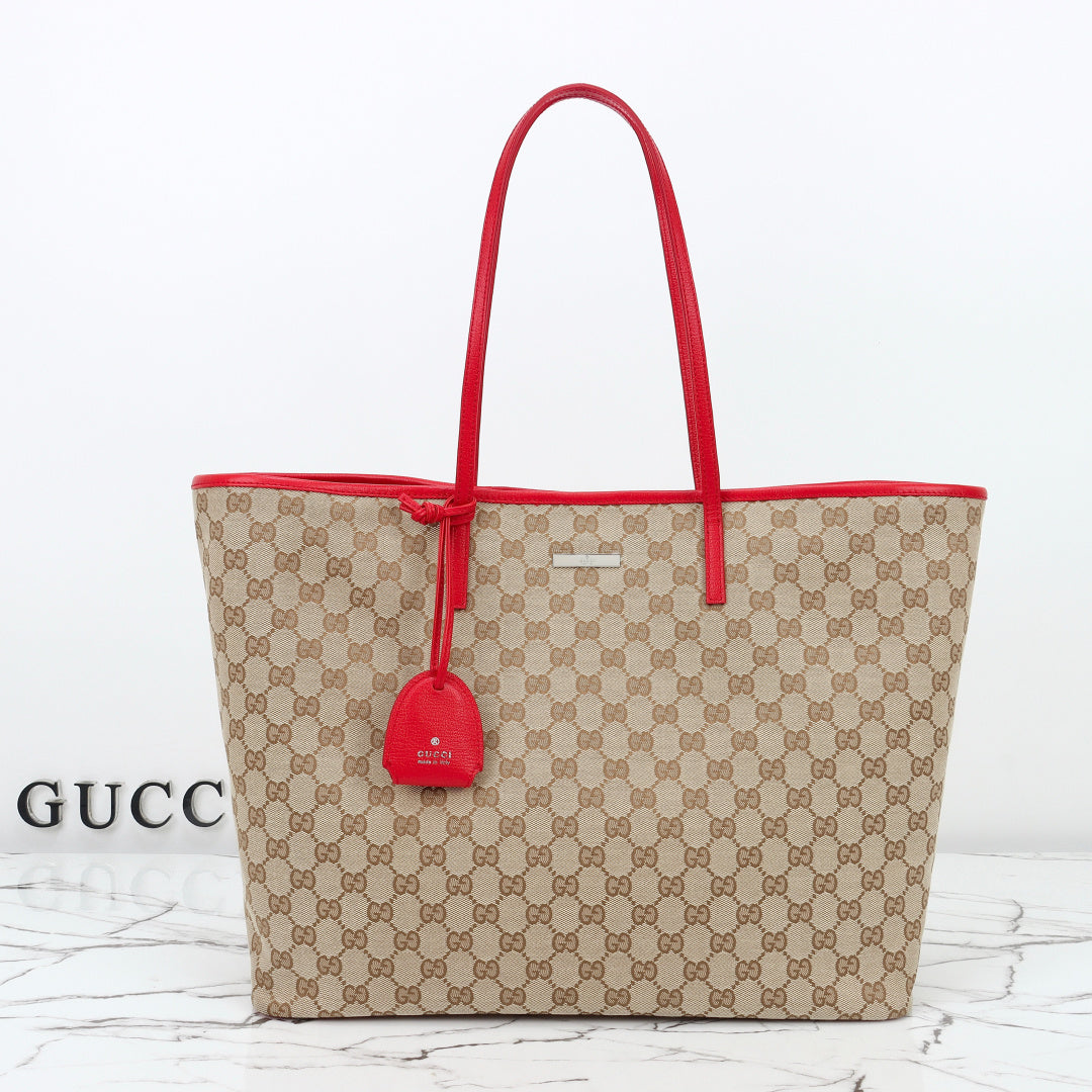 Gucci 2026 Tribeca Large Tote Bag Ebony Red Canvas Leather