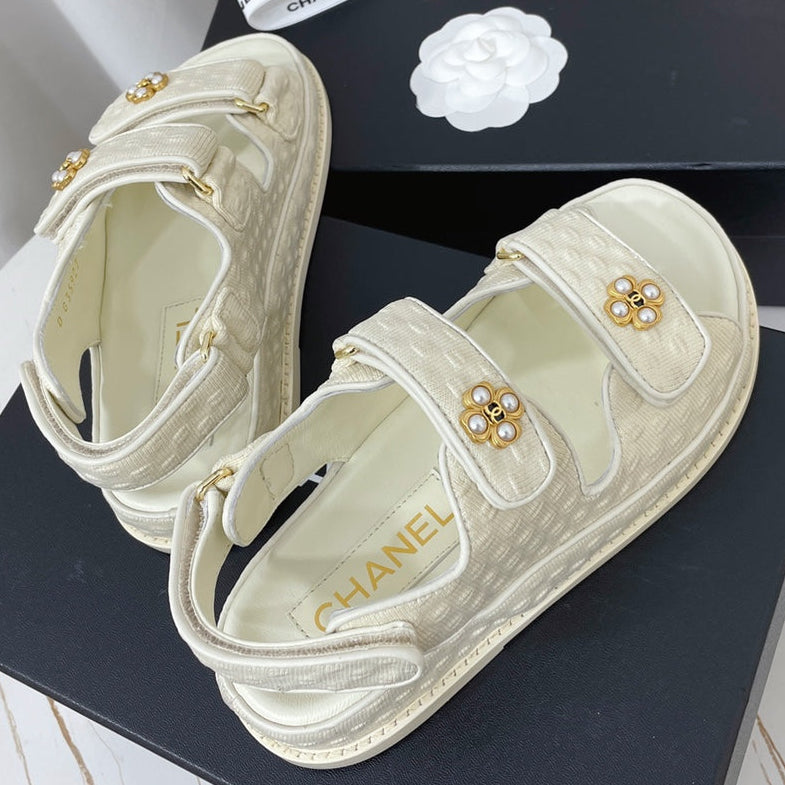 Chanel 2026 Flower Gold Logo Sandals Patent Leather Cowhide 828666