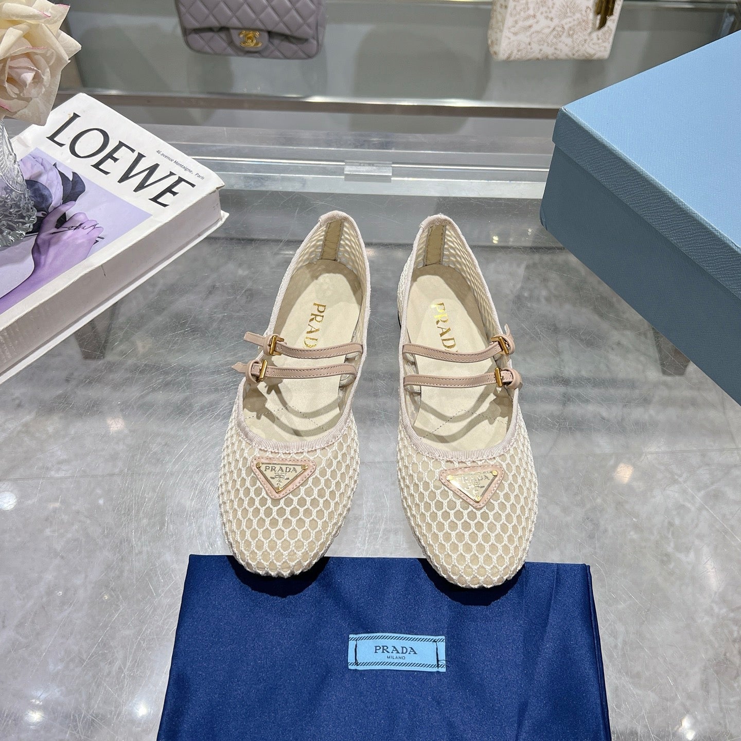 Prada 2026 Mary Jane Ballet Flat Mesh Sheepskin 715612