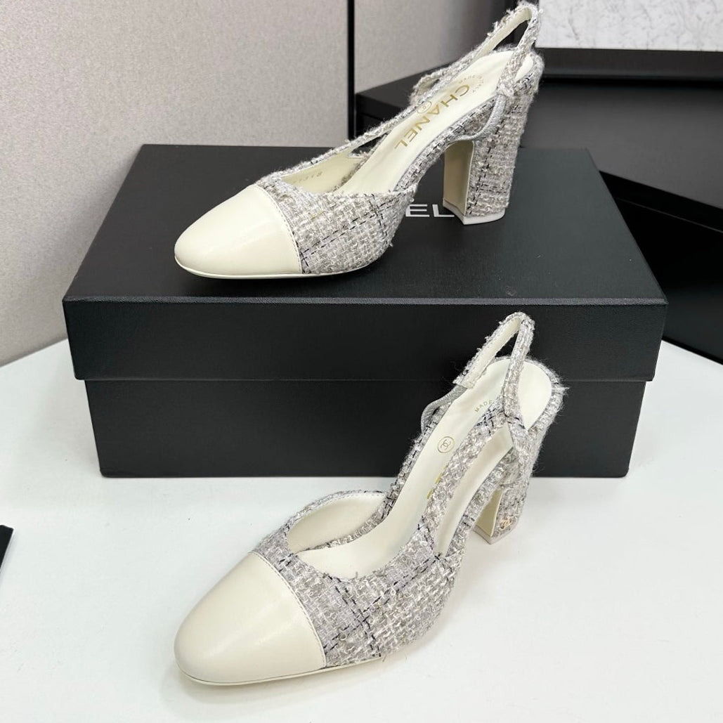 Chanel 25 Slingback White Tweed Sheepskin 490182