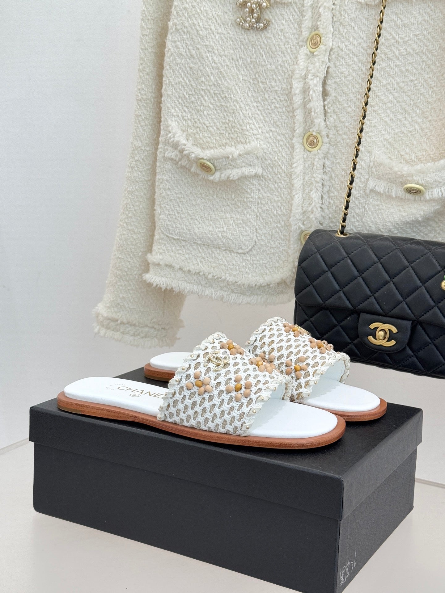 CC 2026 Flat Sandals Tweed Woven Sheepskin