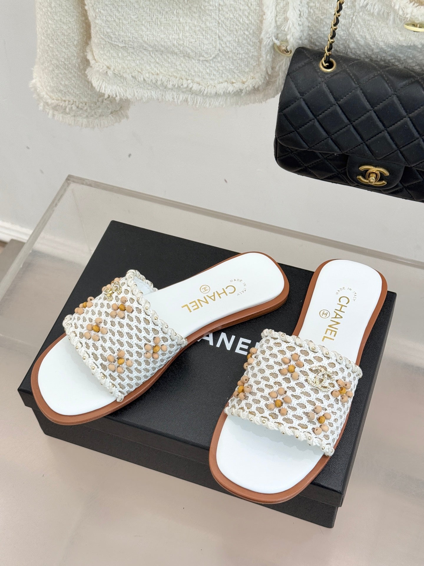 CC 2026 Flat Sandals Tweed Woven Sheepskin