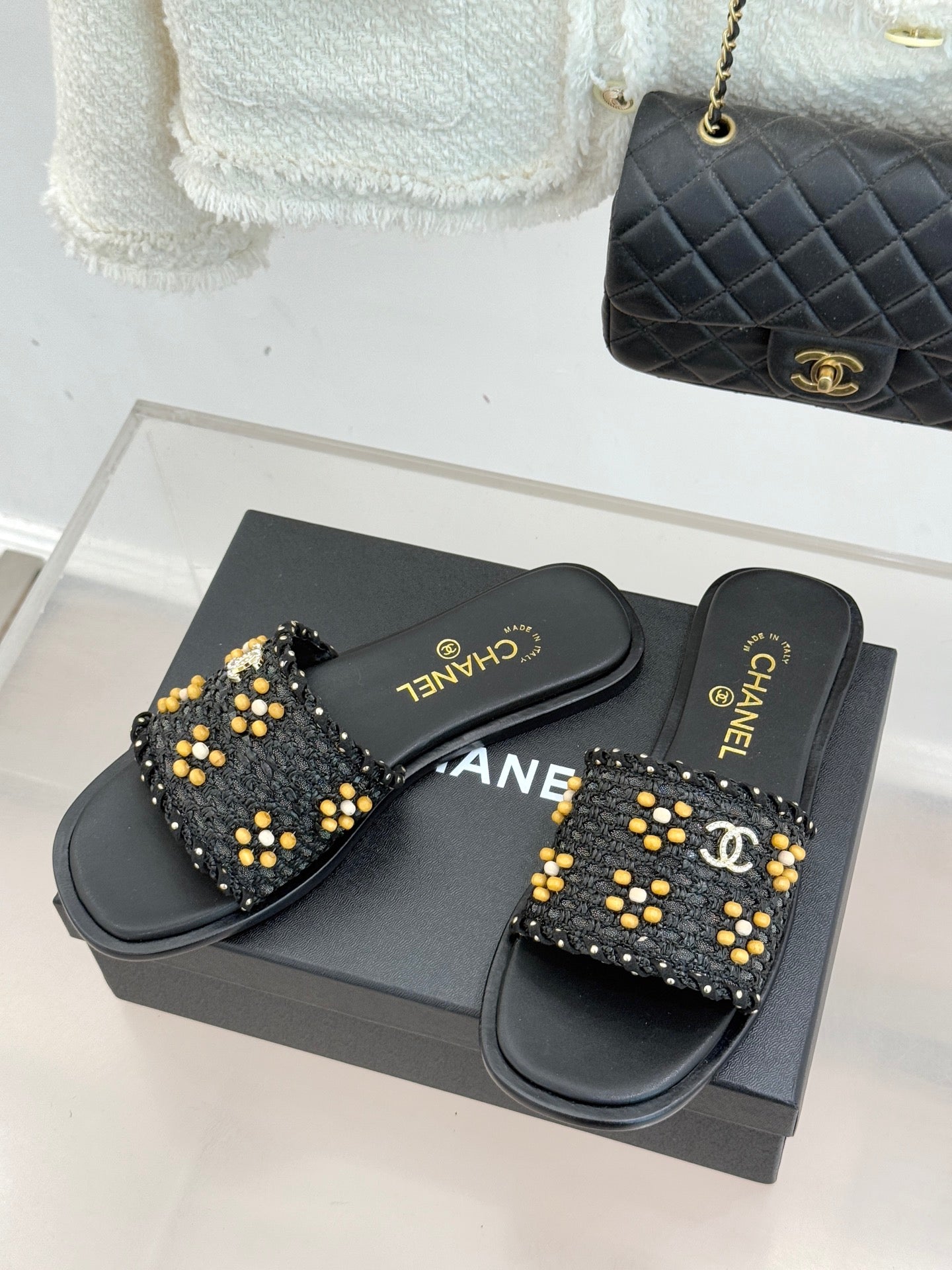 CC 2026 Flat Sandals Tweed Woven Sheepskin