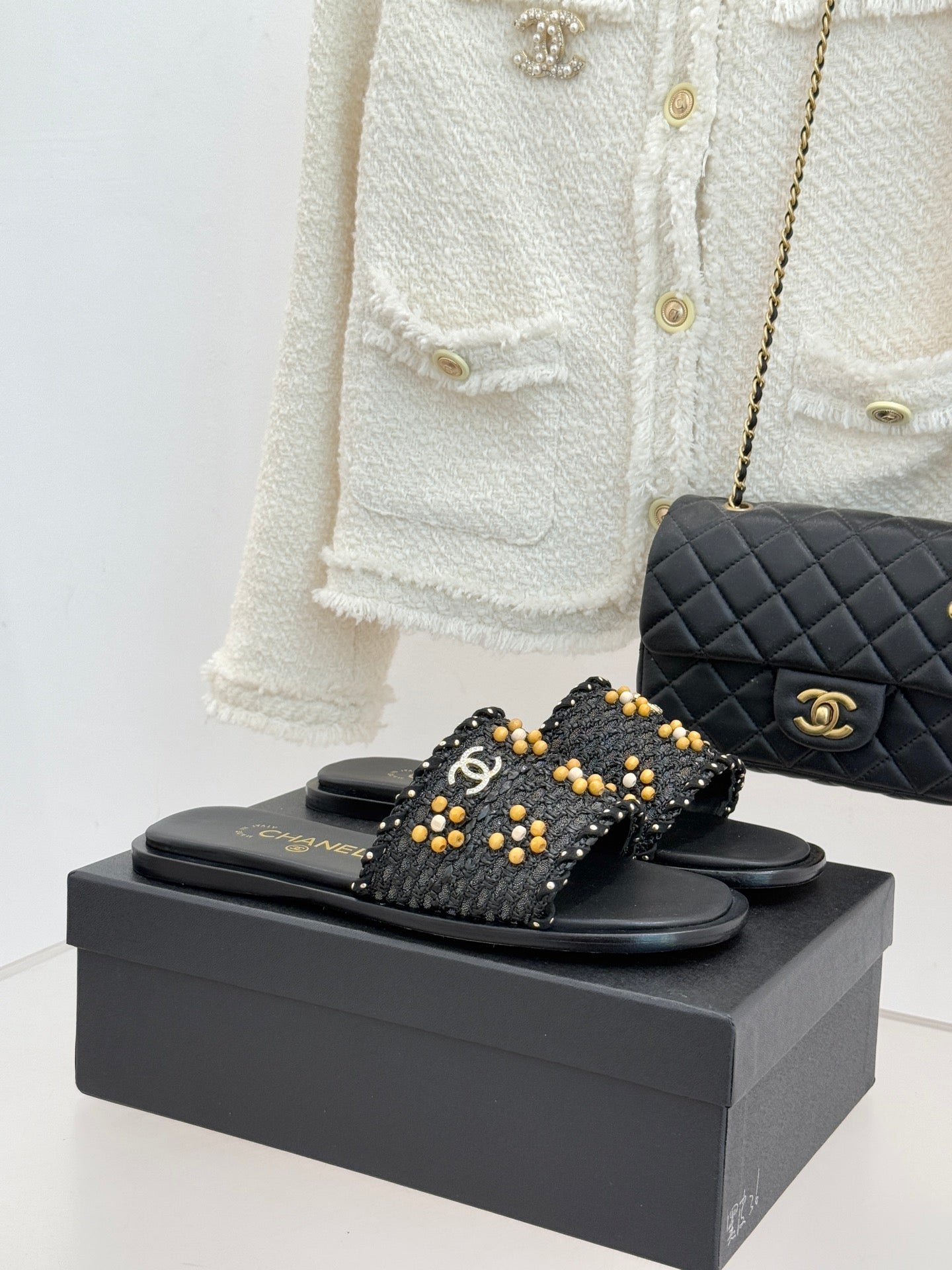 CC 2026 Flat Sandals Tweed Woven Sheepskin