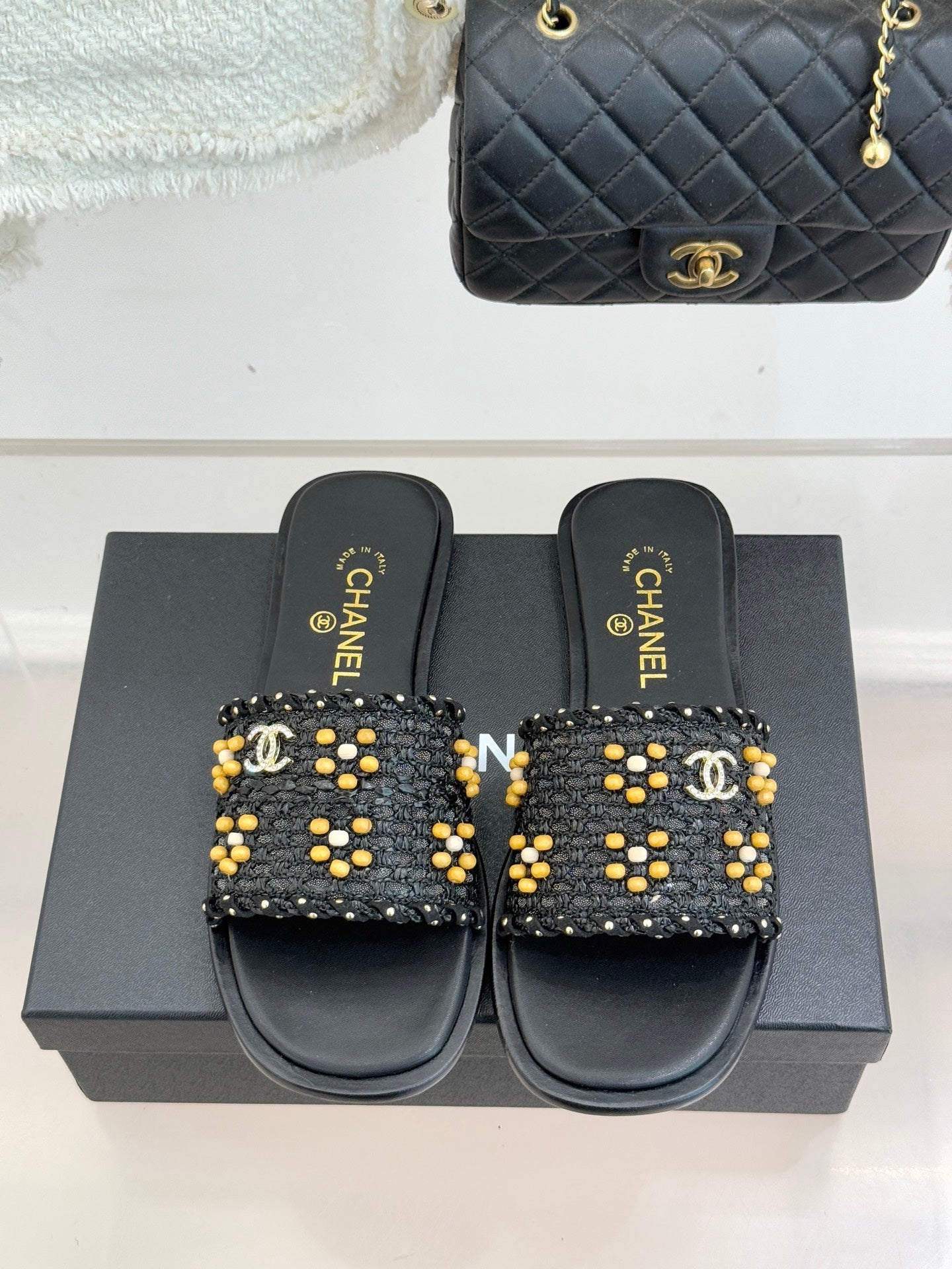 CC 2026 Flat Sandals Tweed Woven Sheepskin