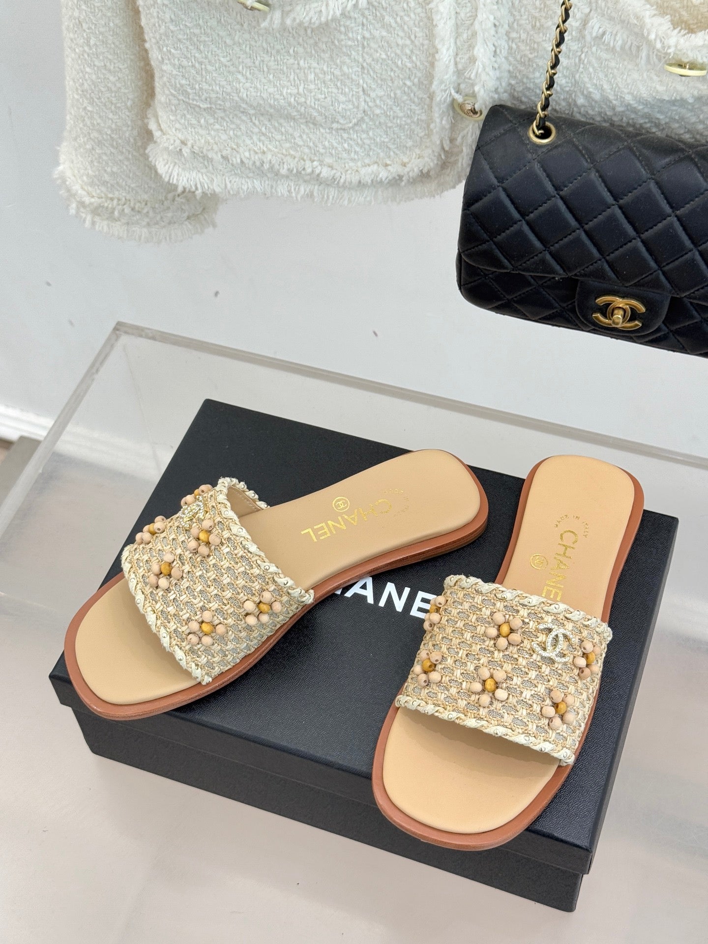 CC 2026 Flat Sandals Tweed Woven Sheepskin