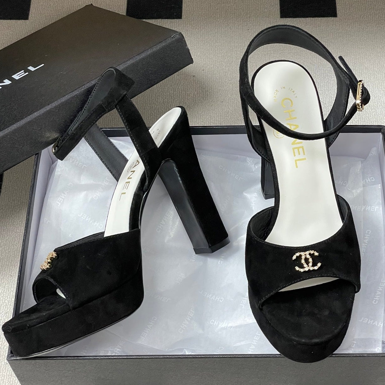 Chanel 2026 High heeled Chunky Platform Peep-toe Sandals Suede Leather