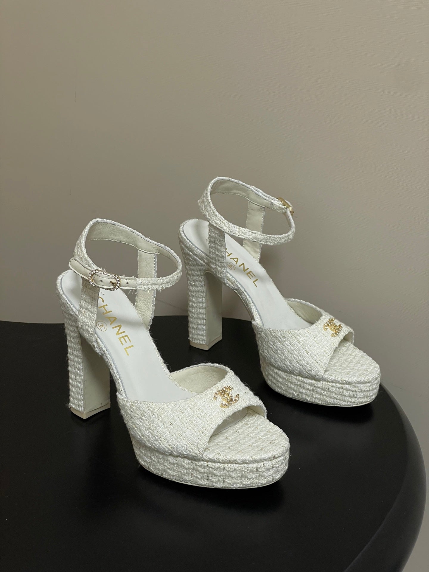 Chanel 2026 High heeled Chunky Platform Peep-toe Sandals Tweed Leather