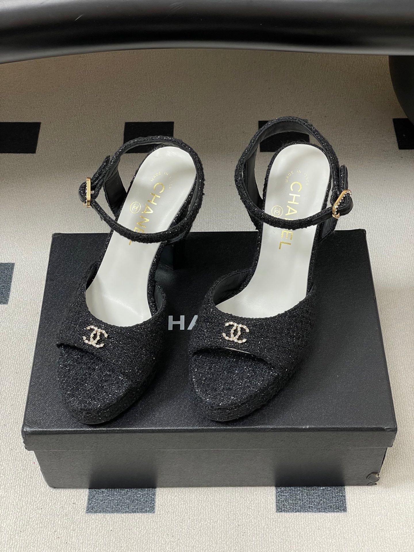 Chanel 2026 High heeled Chunky Platform Peep-toe Sandals Tweed Leather