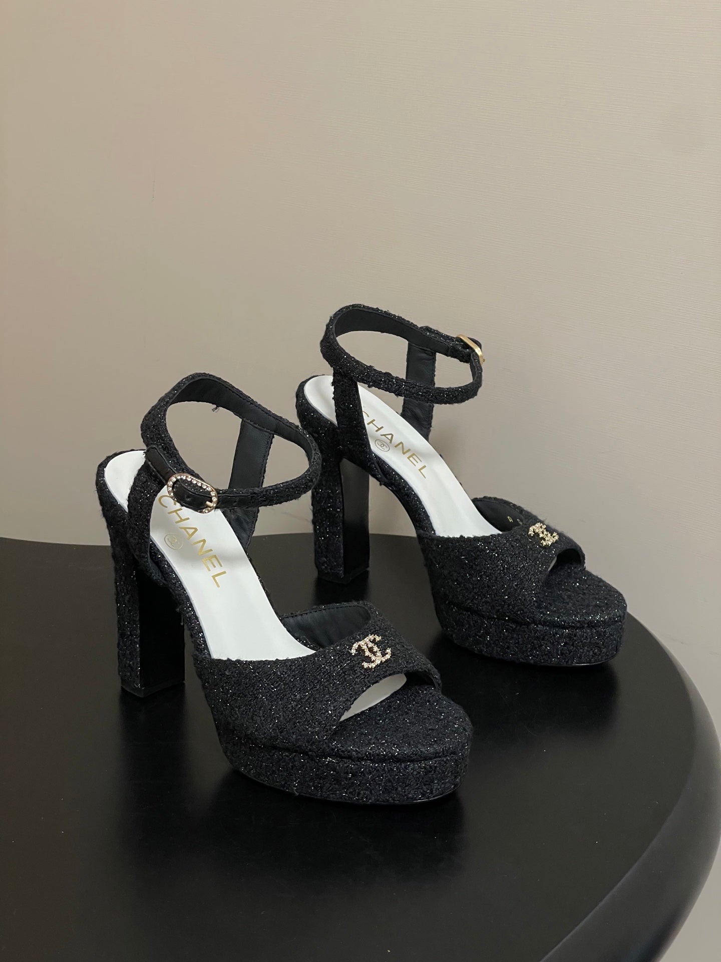Chanel 2026 High heeled Chunky Platform Peep-toe Sandals Tweed Leather