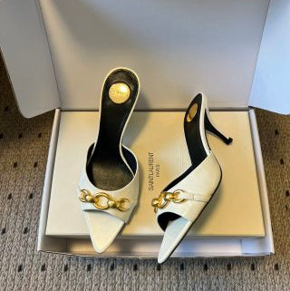 YSL 26ss Pointed Toe High Heeled Mules 75 Sheepskin