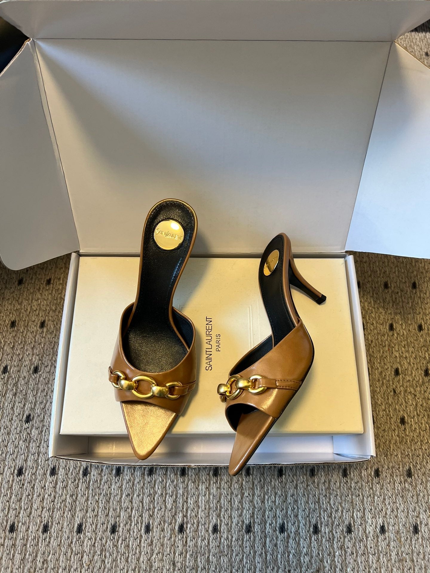 YSL 26ss Pointed Toe High Heeled Mules 75 Sheepskin