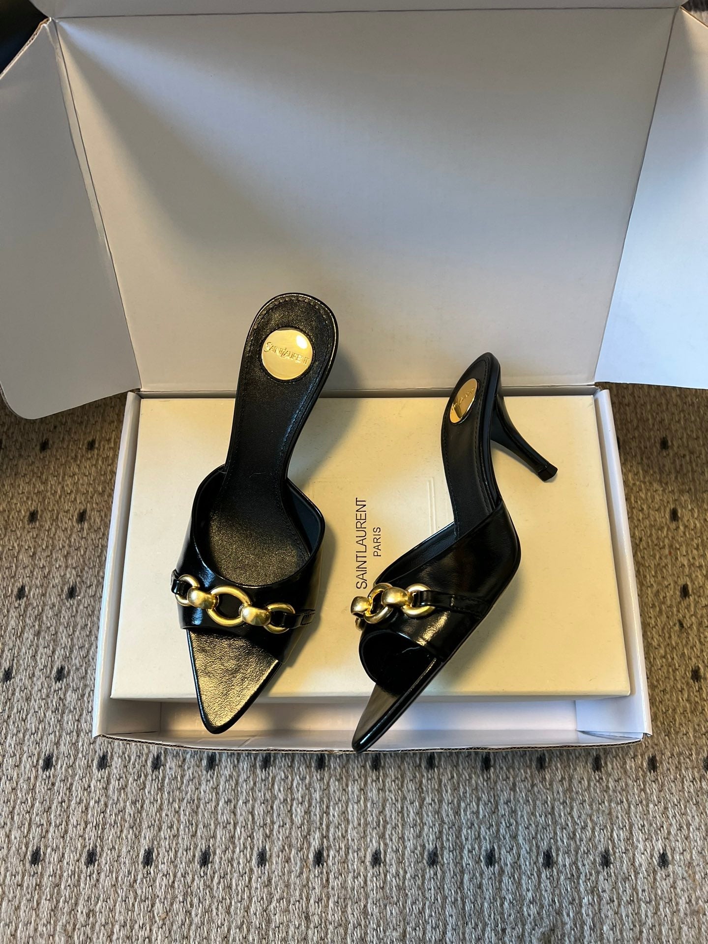 YSL 26ss Pointed Toe High Heeled Mules 75 Sheepskin