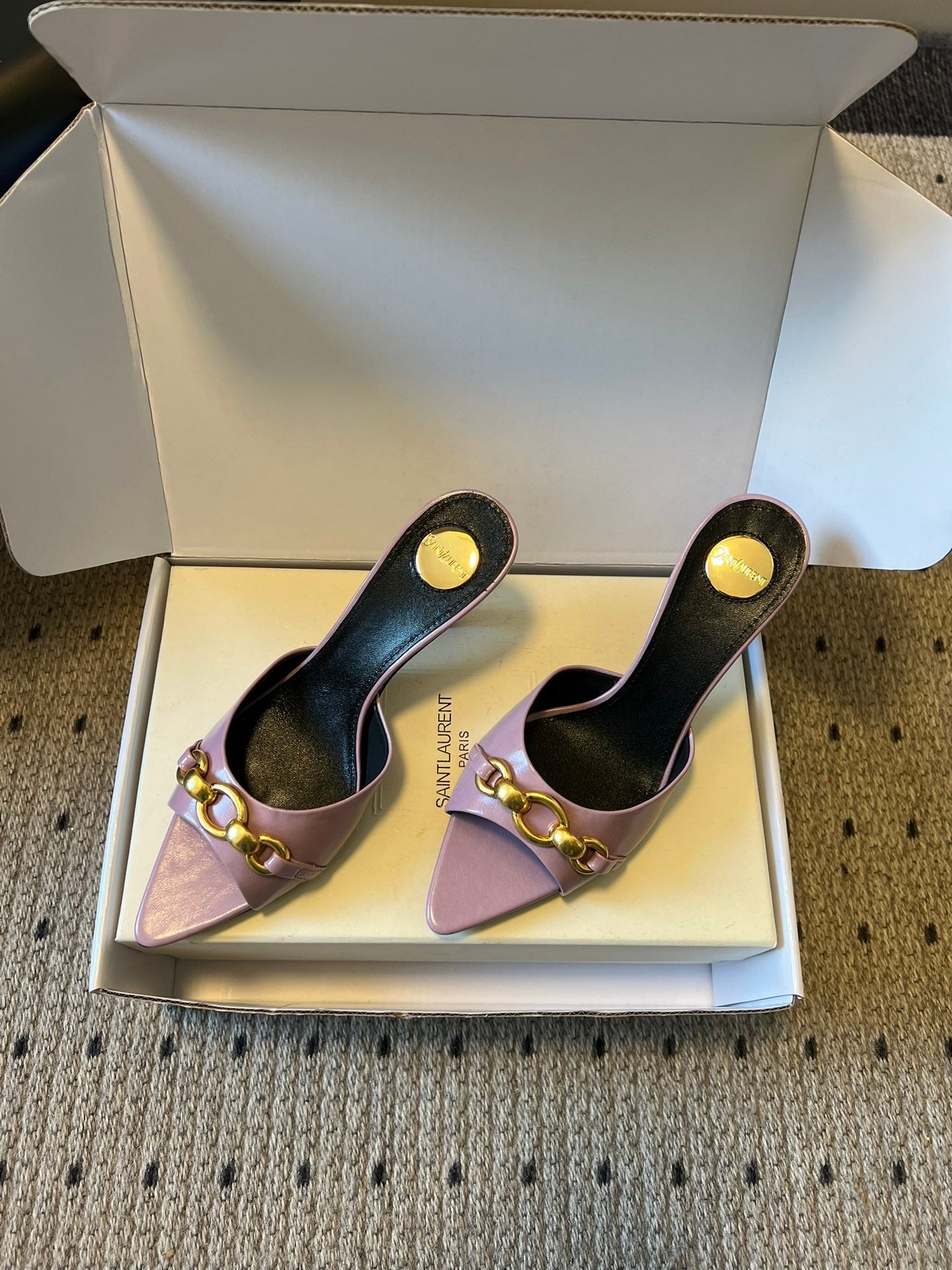 YSL 26ss Pointed Toe High Heeled Mules 75 Sheepskin
