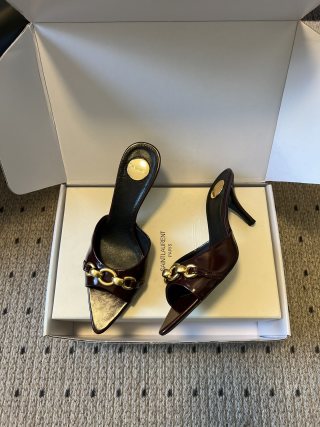 YSL 26ss Pointed Toe High Heeled Mules 75 Sheepskin