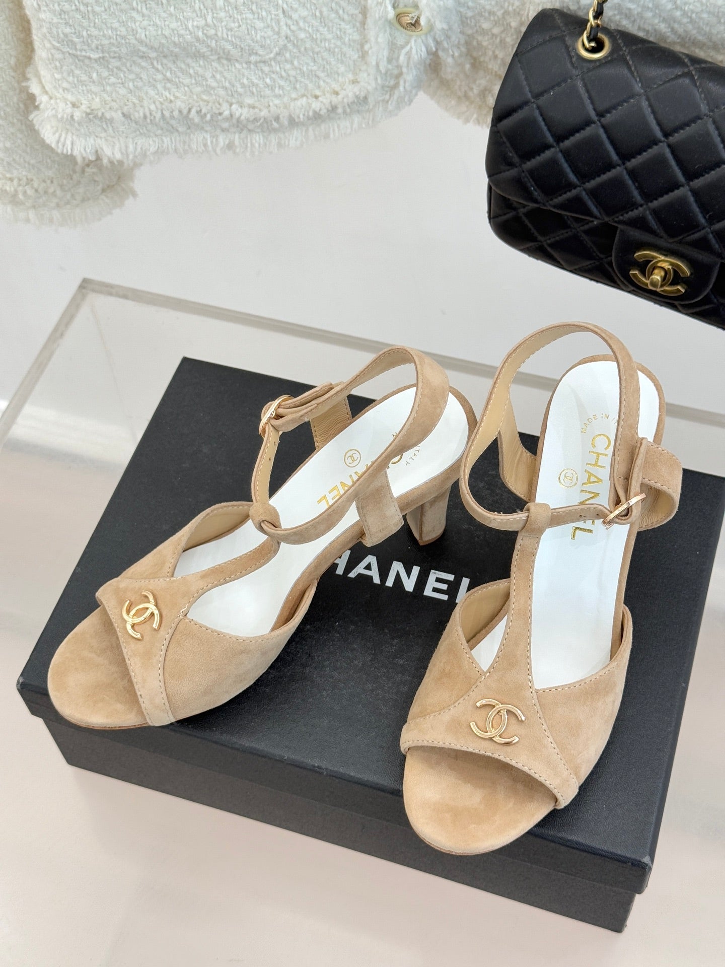 CC 2026 Peep-Toe Sandals 85 Suede Sheepskin