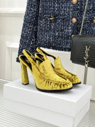 YSL 26ss High Heeled Open Back 105 Sandals Suede