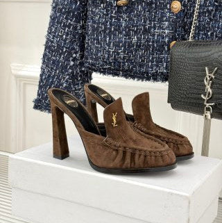 YSL 26ss High Heeled Open Back 105 Sandals Suede