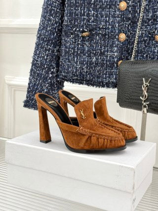 YSL 26ss High Heeled Open Back 105 Sandals Suede