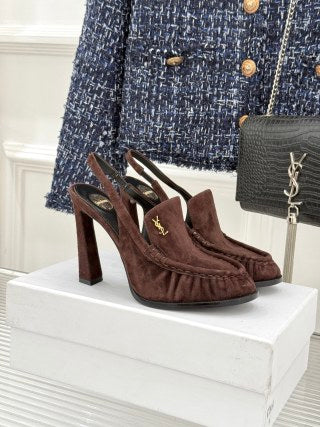 YSL 26ss High Heeled Open Back 105 Sandals Suede