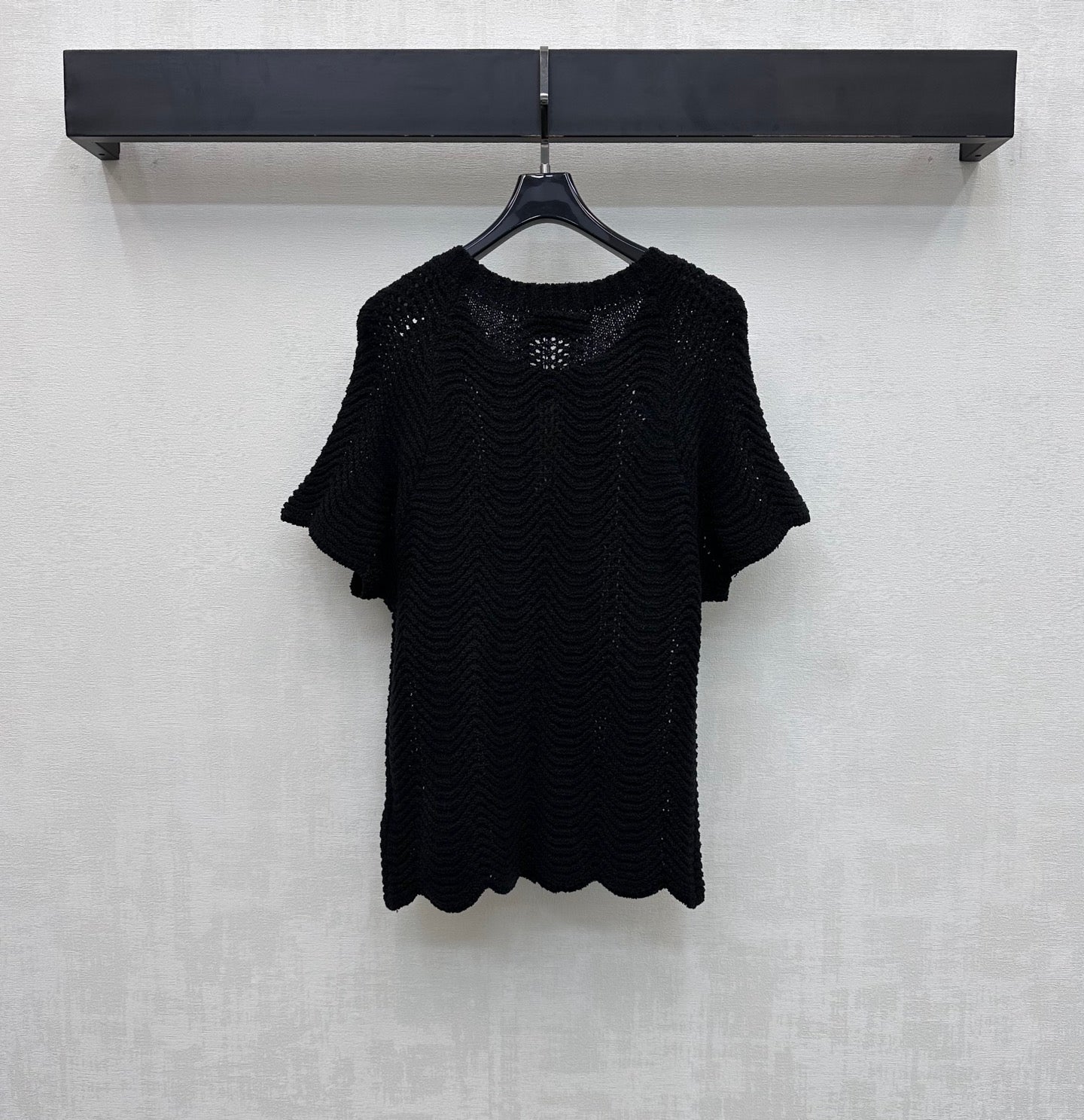 Miu Miu 2026 Wavy Pattern Short-Sleeve Knitwear Black and White Wool