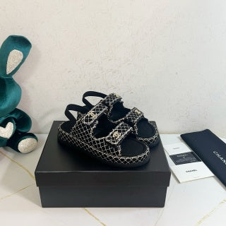 Chanel 2026 Velcro Sandals CC Logo Details Tweed Sheepskin 779368