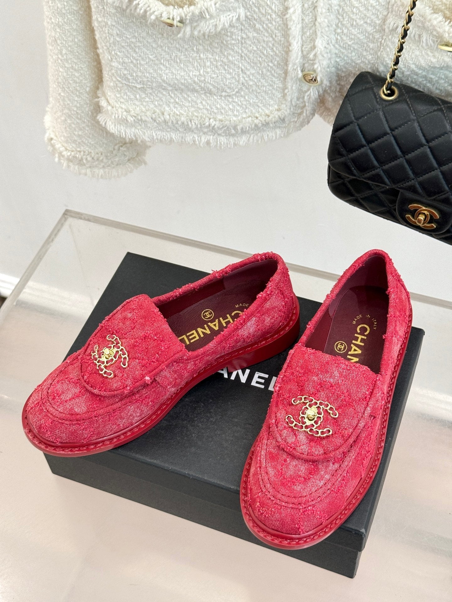 Chanel 2026 Double C High-Heeled Loafers Tweed Sheepskin 826098