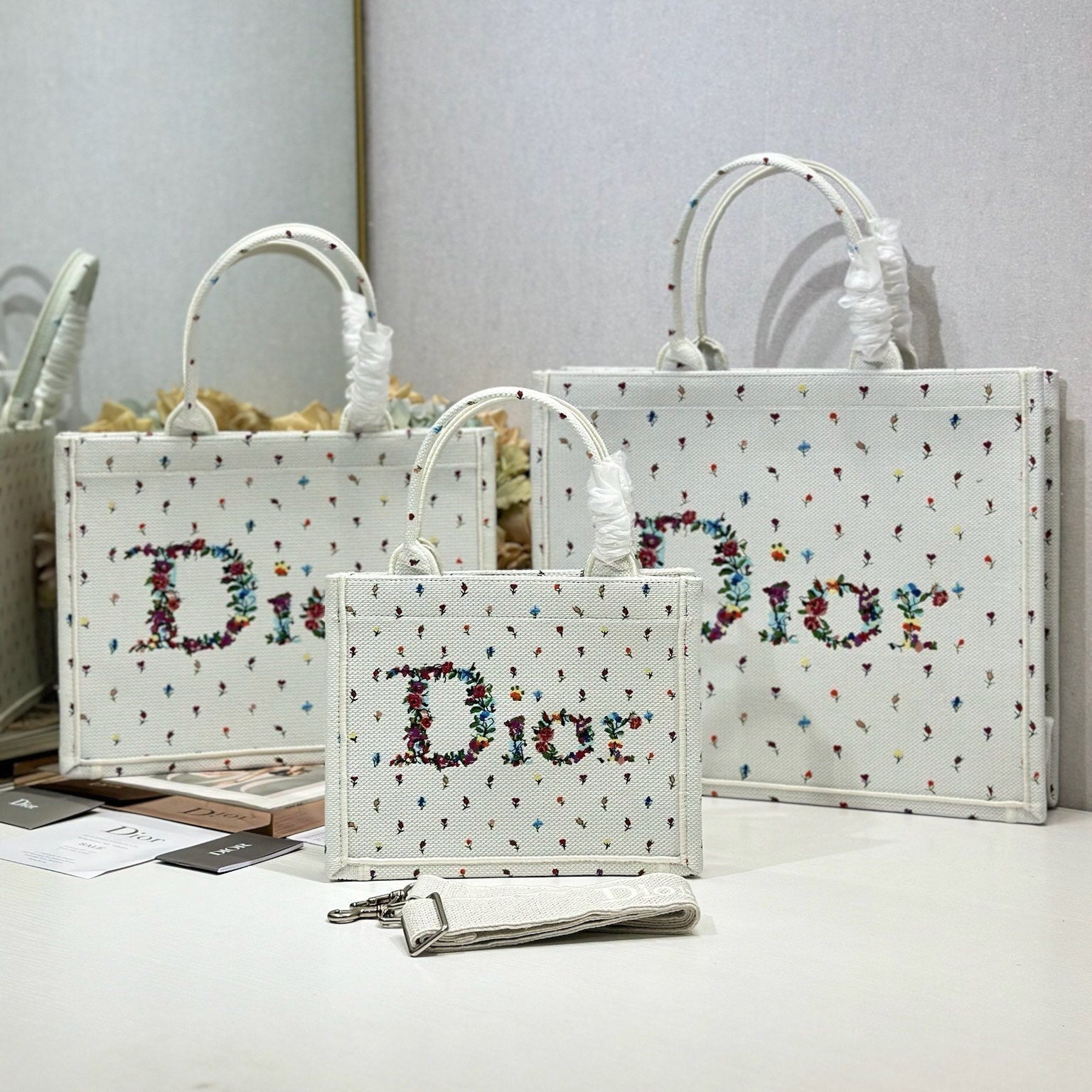 Dior 2026 Book Tote Bag White Multicolor Revolution Flowers Embroidery Canvas 288406