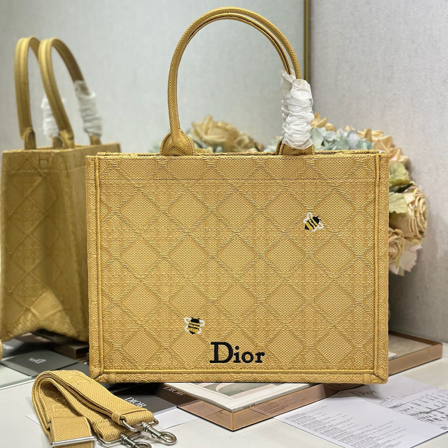 Dior 2026 Book Tote with Embroidered Bee Yellow Canvas