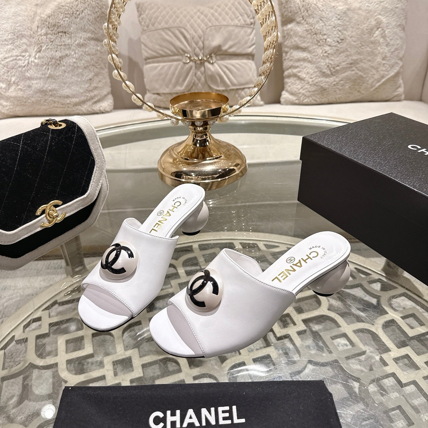 Chanel 2026 Double C Pearl High-Heeled Sandals Leather Lambskin 834456