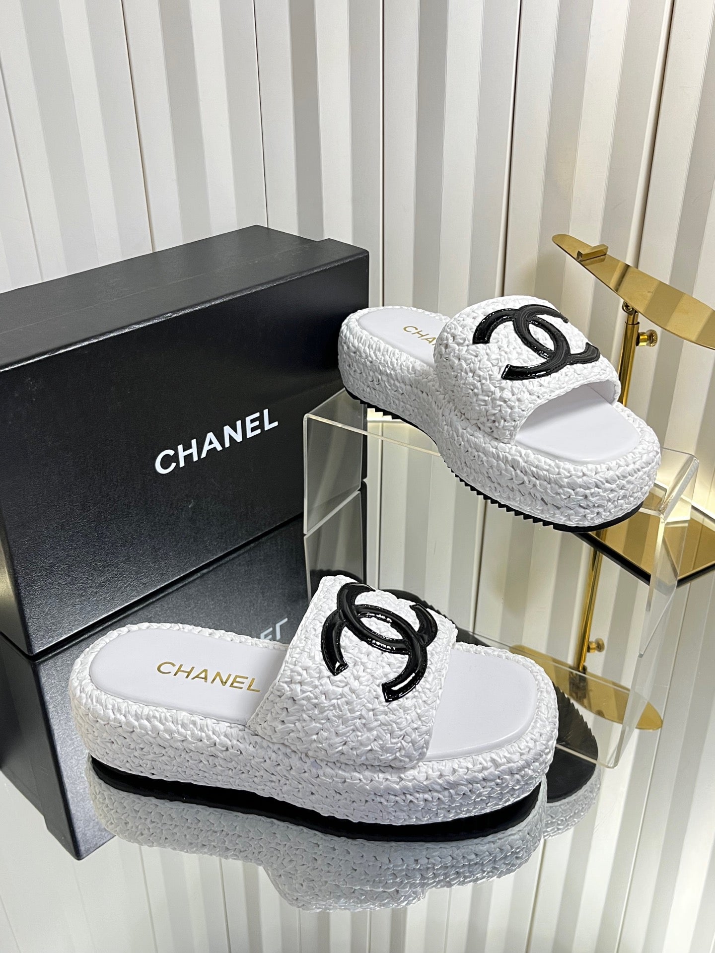 Chanel 2026 Crochet CC Platform Slide Sandals 40mm Raffia Leather 767882