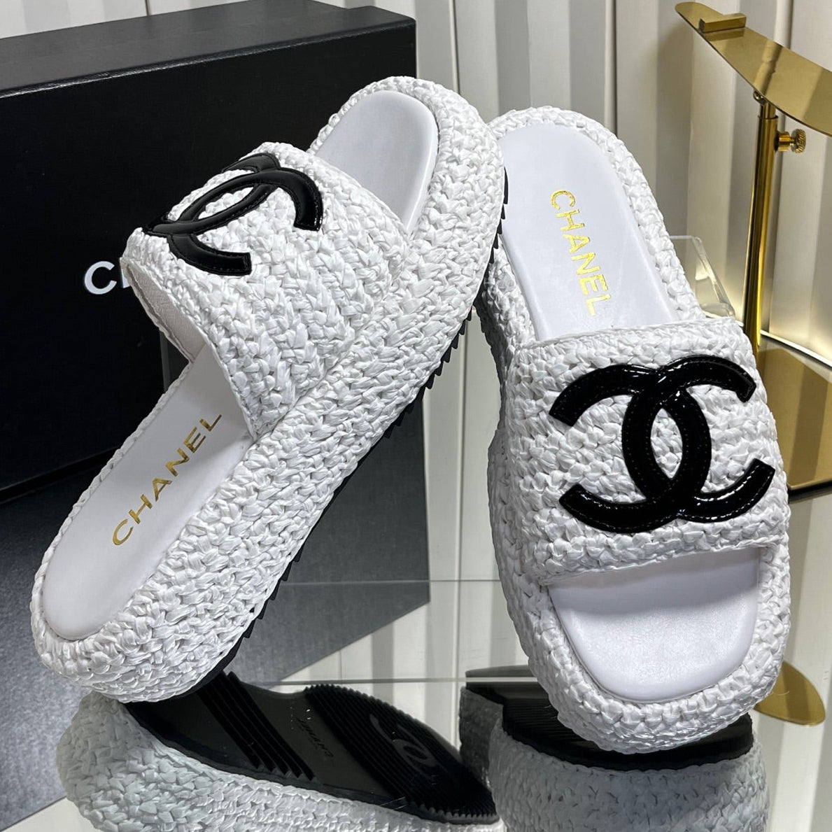 Chanel 2026 Crochet CC Platform Slide Sandals 40mm Raffia Leather 767882