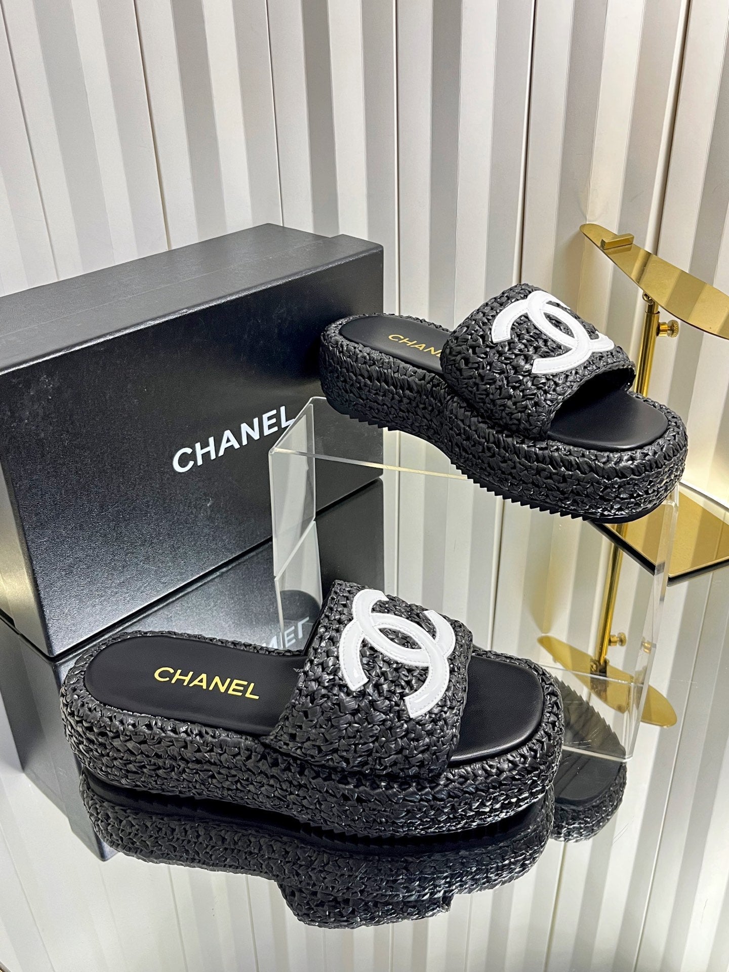 Chanel 2026 Crochet CC Platform Slide Sandals 40mm Raffia Leather 767882