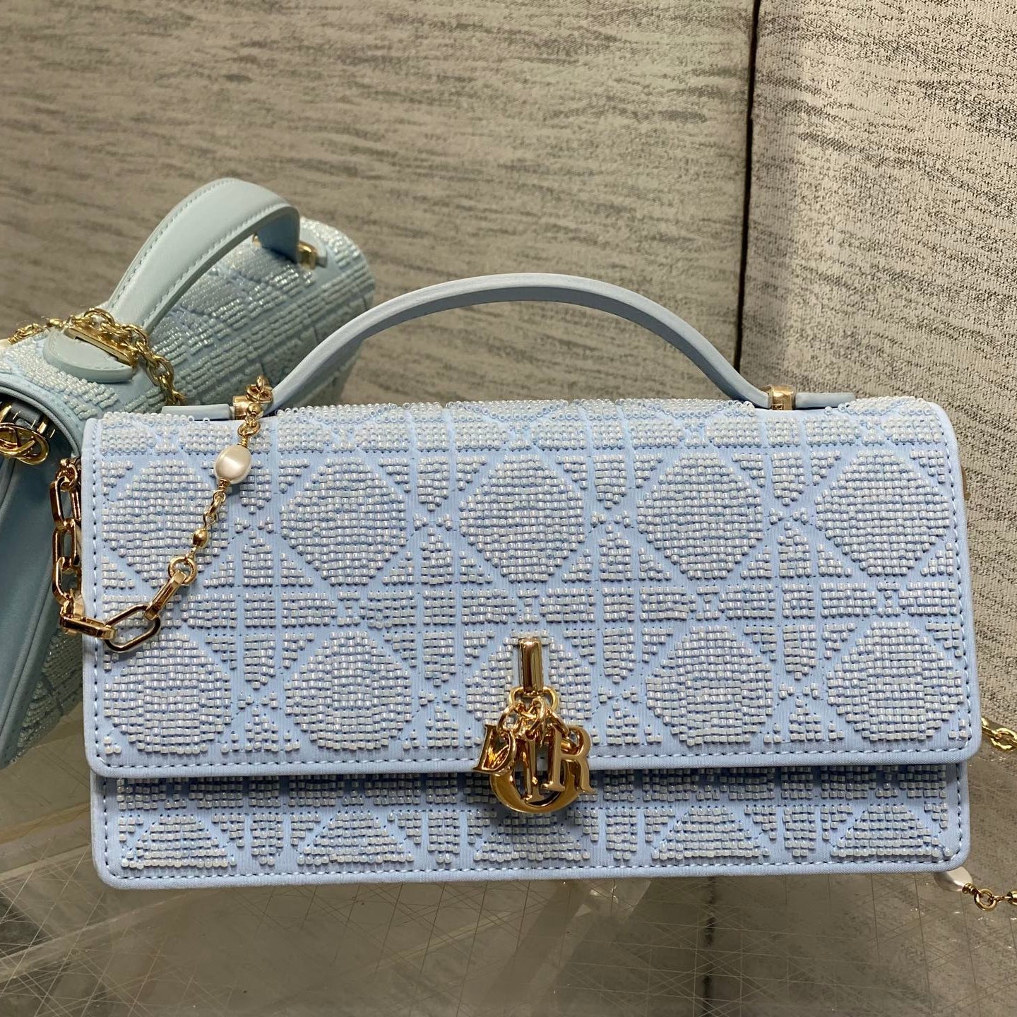 Dior 2026 Microbead-Embroidered Bag 21cm Cotton Leather 355271